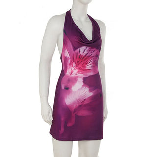 Halter flower print cowl neck backless mini dress