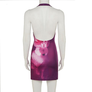 Halter flower print cowl neck backless mini dress