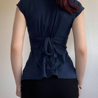 Cap sleeve v neck self tie bowknot solid top