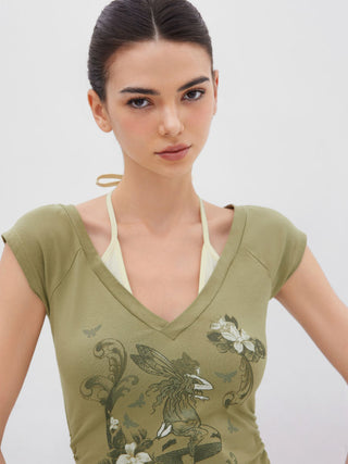 Cotton-blend Halter Neckline Graphic Two Tone Ruched Top