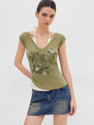 Cotton-blend Halter Neckline Graphic Two Tone Ruched Top