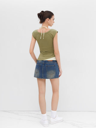 Cotton-blend Halter Neckline Graphic Two Tone Ruched Top