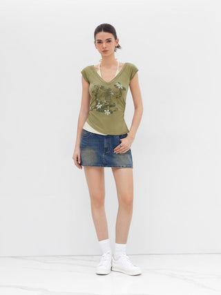 Cotton-blend Halter Neckline Graphic Two Tone Ruched Top