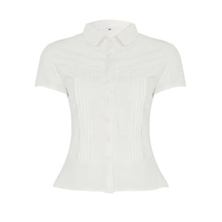 Turnover collar button pleated top