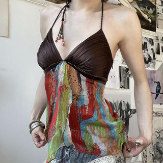 Halter v neck contrast beaded top