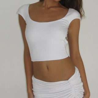 Short sleeve backless beaded crop top