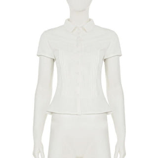 Turnover collar button pleated top