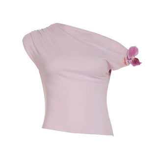 Off shoulder flower applique ruched top