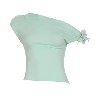 Off shoulder flower applique ruched top