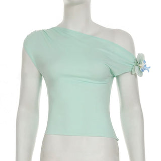 Off shoulder flower applique ruched top