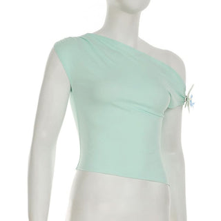 Off shoulder flower applique ruched top