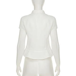 Turnover collar button pleated top