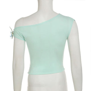 Off shoulder flower applique ruched top