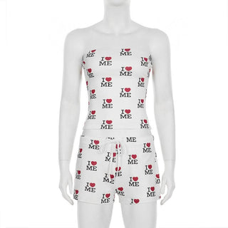 Sweetheart print self tie tube short pant set