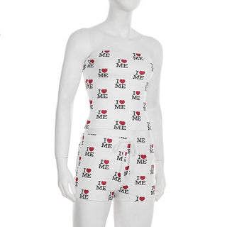 Sweetheart print self tie tube short pant set
