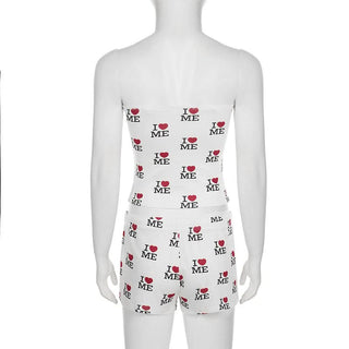 Sweetheart print self tie tube short pant set