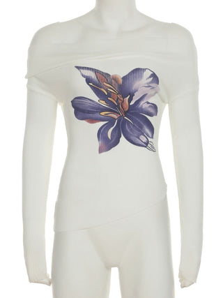 Off shoulder long sleeve flower print top