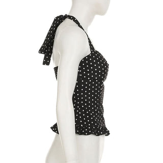 Polka dot halter smocked ruffle top