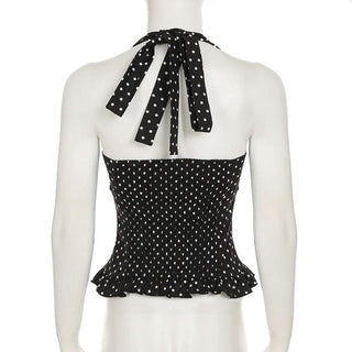 Polka dot halter smocked ruffle top