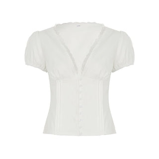 Puff sleeve v neck ruched button lace hem top