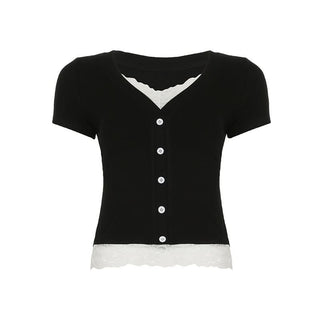 Short pant v neck lace hem button top