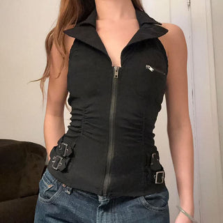 Turnover collar buckle zip-up top