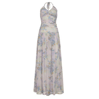 Halter ruched flower print maxi dress