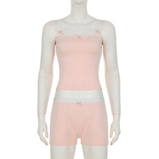 Bowknot lace hem cami short pant set