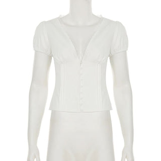 Puff sleeve v neck ruched button lace hem top