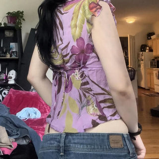 V neck cap sleeve ruffle flower print top