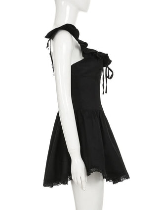 Ruffle self tie lace hem ruched cami mini dress