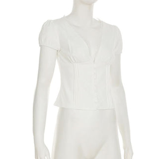 Puff sleeve v neck ruched button lace hem top