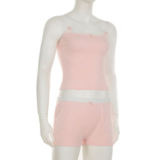 Bowknot lace hem cami short pant set