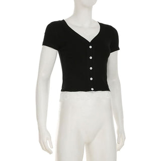 Short pant v neck lace hem button top