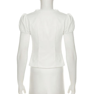 Puff sleeve v neck ruched button lace hem top