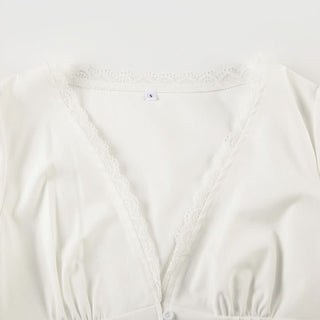 Puff sleeve v neck ruched button lace hem top