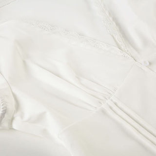 Puff sleeve v neck ruched button lace hem top