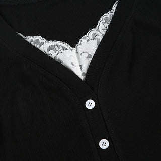 Short pant v neck lace hem button top