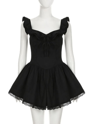 Ruffle self tie lace hem ruched cami mini dress