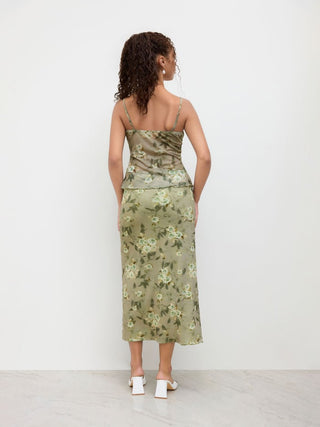 Mesh V-neck Floral Ruffle Cami Top & Mid Rise Maxi Skirt Set For Music Festival/Live House Vacation