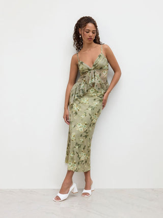 Mesh V-neck Floral Ruffle Cami Top & Mid Rise Maxi Skirt Set For Music Festival/Live House Vacation