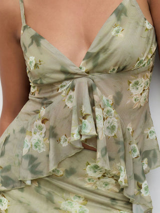 Mesh V-neck Floral Ruffle Cami Top & Mid Rise Maxi Skirt Set For Music Festival/Live House Vacation