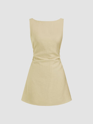 Linen-blend Boat Neck Solid Knotted Backless Mini Dress