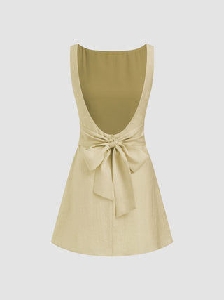 Linen-blend Boat Neck Solid Knotted Backless Mini Dress