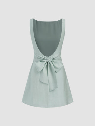 Linen-blend Boat Neck Solid Knotted Backless Mini Dress