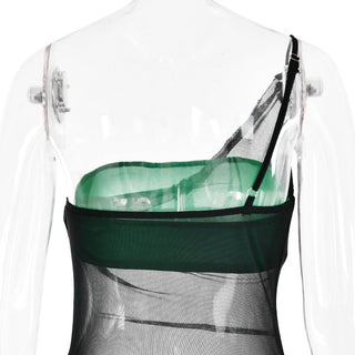 Drawstring mesh one shoulder 3 piece tube short pant set