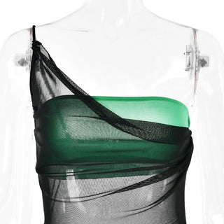 Drawstring mesh one shoulder 3 piece tube short pant set