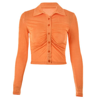 Turnover collar long sleeve ruched button crop top