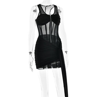 Zip-up corset mesh ruched tank mini dress