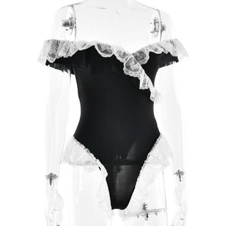Off shoulder ruffle lace hem bodysuit
